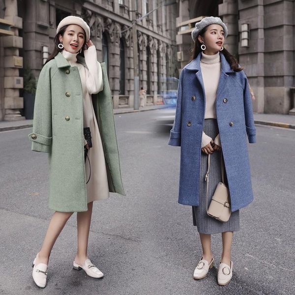 

women's wool & blends office lady regular women long cashmer coat turn-down collar woolen jacket double breasted and, Black