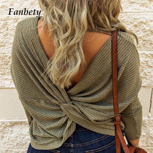 

2021 new women casual v neck solid rib blouses lady hollow out criss-cross backless pullovers spring long sleeve shirt blusas 3fm4, White;black