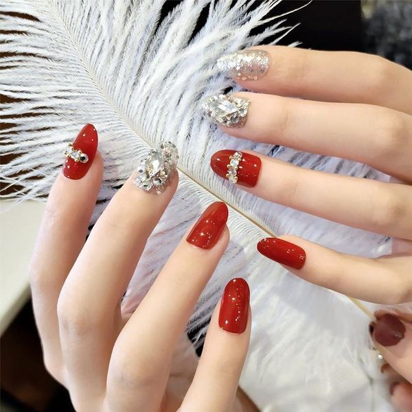 

false nails 24pcs rhinestone inlaid nail patch glue type removable long paragraph fashion manicure save time cin6 899, Red;gold