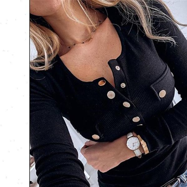 

ribbed slim fit sweater women solid color buttons pockets fashion o neck long sleeves pull femme nouveaute 2021, White;black