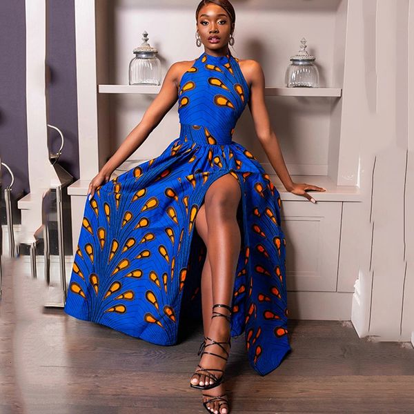 

2021 sleeveless print luxury floor-length women party es side split big swinging african vintage elegant lady 2zxr, Black;gray