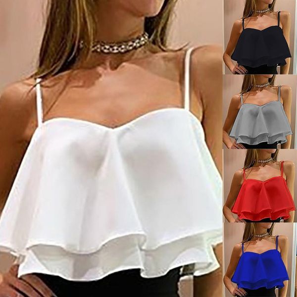 

clothes 2021 summer beach female teewomen sleeveless pleated ruffle double layer chiffon t shirt tank camis 30, White