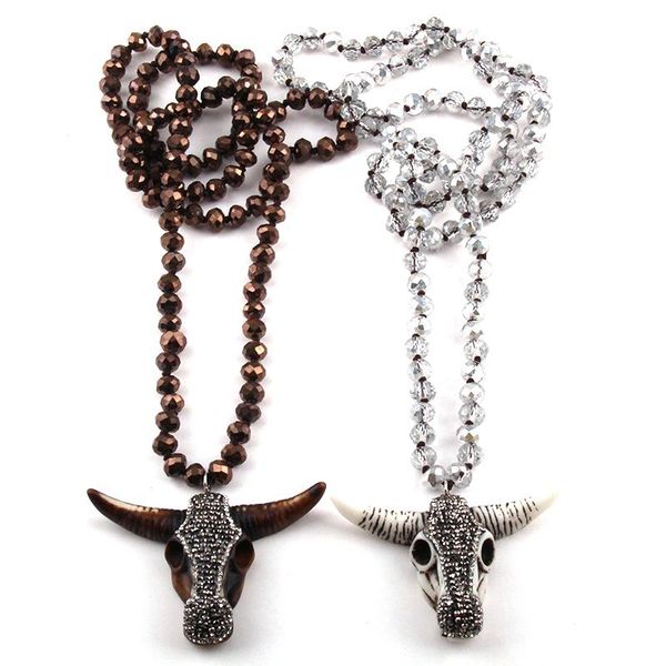

pendant necklaces moodpc fashion glass crystal long knotted handmade paved bull head charm necklace and women, Silver