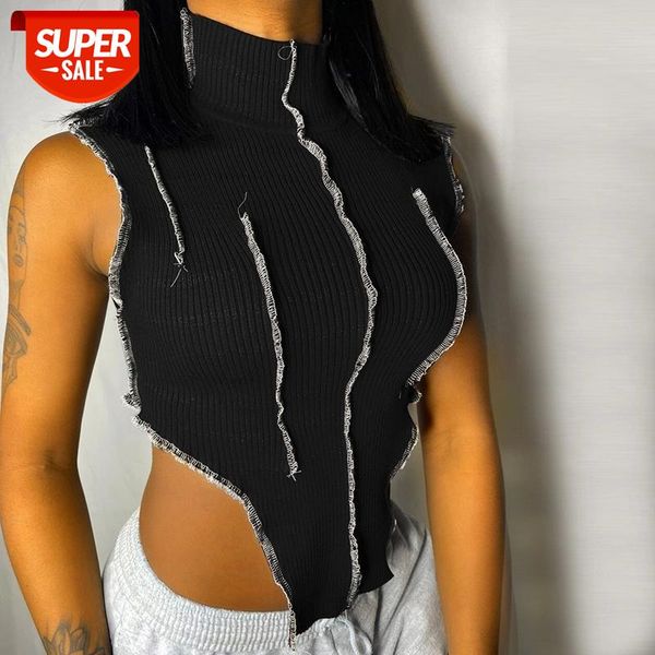 

hirigin sleeveless patchwork high neck crop tank autumn winter women fashion streetwear club y2k tees 2021 #cn0r, White