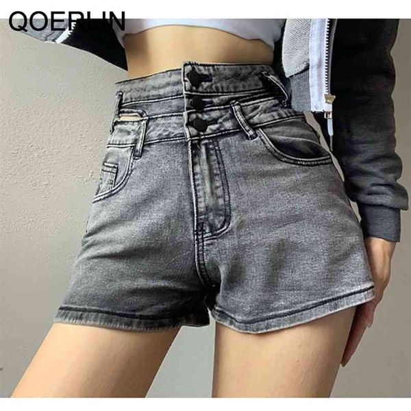 Vintage Hohe Taille Slim Denim Shorts Frauen Mode Doppelt-taille Sexy Seite Aushöhlen Zipper Fly Mini Jeans Plus Größe 210601