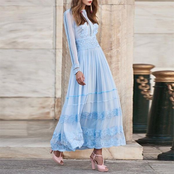 

casual dresses 2021 spring autumn elegant blue lace patchwork pleated long womens vacation bohemian maxi vintage dress, Black;gray