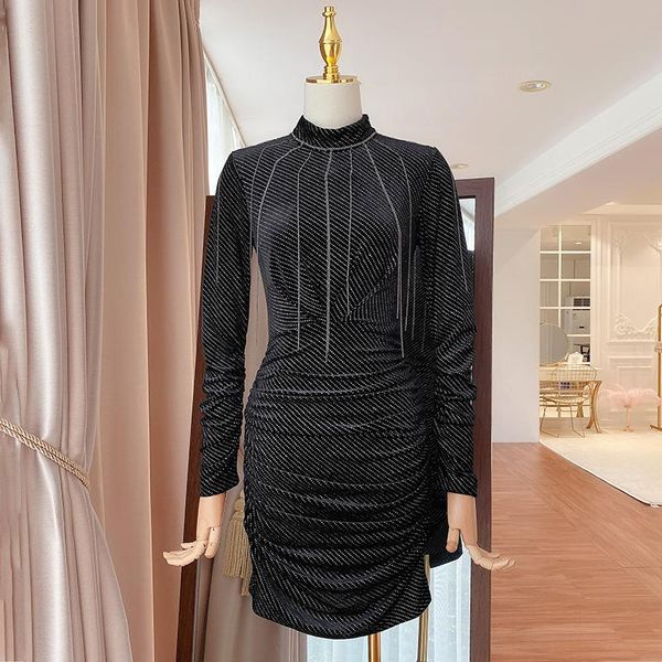 

casual dresses 2021 heavy industry drilling velvet retro slim waist bag hip dress women 1017, Black;gray