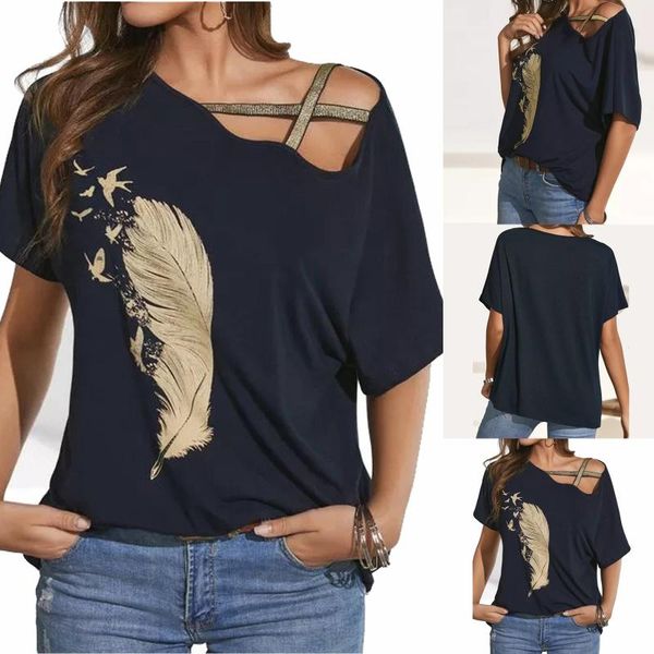 

women's t-shirt women asymmetrical neck summer irregular cross short sleeves off shoulder hollow up solid femme #t3g, White