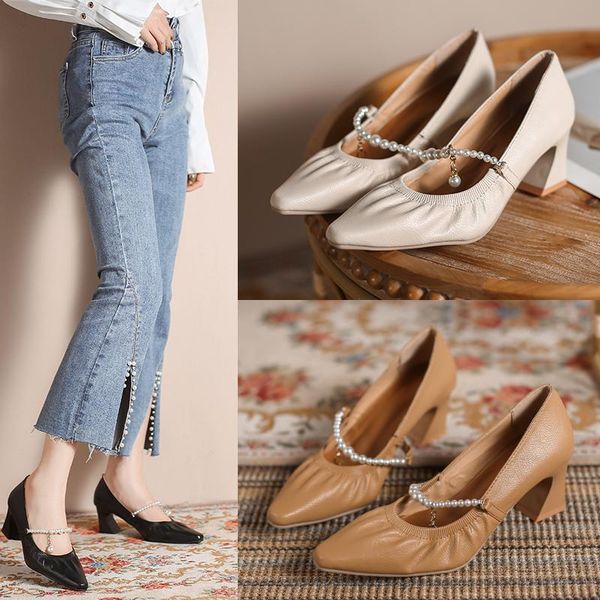 

dress shoes block heels for women pumps square toe social female shoe sandals ladies lace-up 2021 shallow mouth mary jane slip on chunky ret, Black