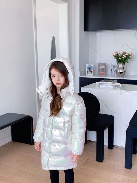 

winter children's shiny white dark down coats girls fashion hooded parkas waterproof outdoor warm jacket teenage padded outwear, Blue;gray