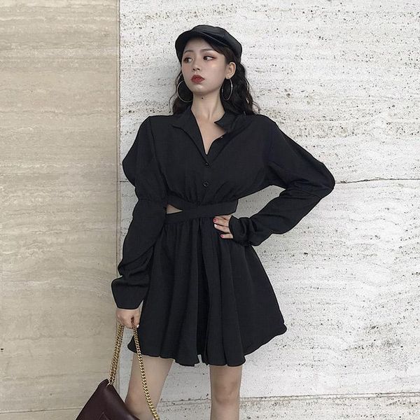 

casual dresses elegant dress women's clothing fashion korean spring&autumn hollow out cross lace up waist chic puff long sleeve black, Black;gray