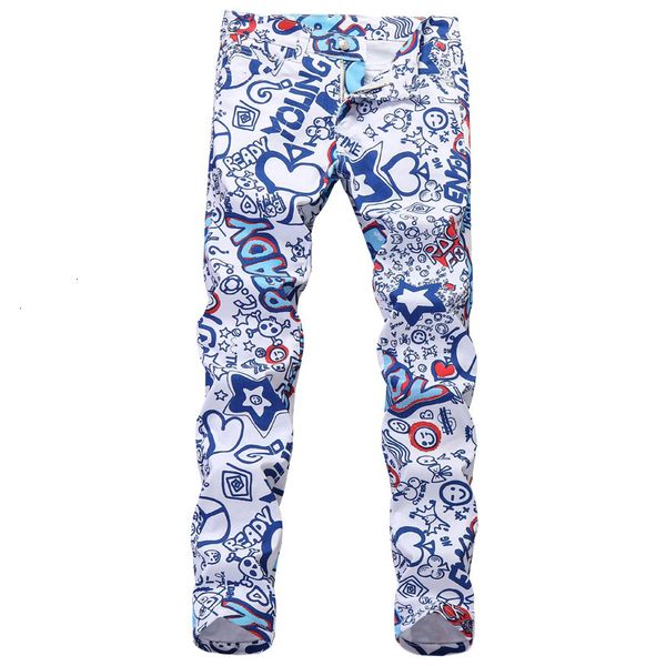 

new men's male fashion jeans small straight printing pants multi-color trousers 58bi, Blue