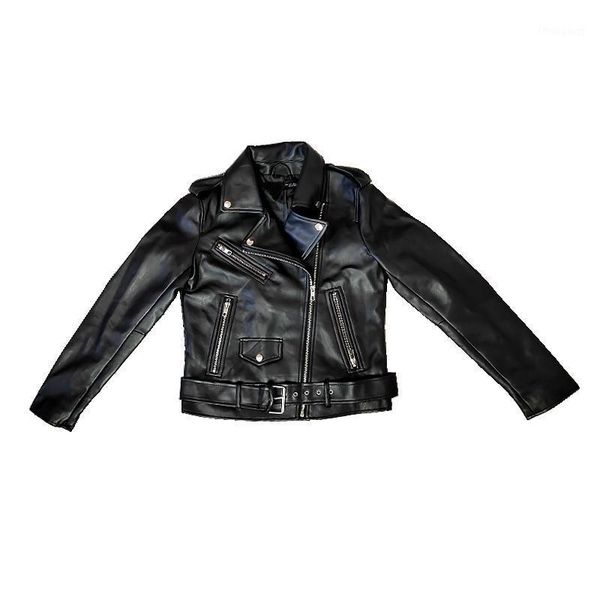 

women's jackets spring and autumn 2021 belt detachable epaulet motorcycle jacket leather, Black;brown