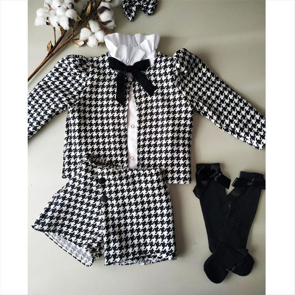 

1 7y fashion autumn children baby girls clothes sets kid plaid long sleeve jacket coat shirt shorts 3pcs outfit, White