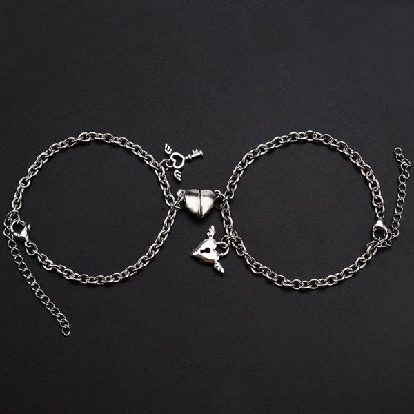 

charm bracelets couple bracelet stainless steel simple heart-shaped magnet lock key male and female pearl chain 1 pair, Golden;silver