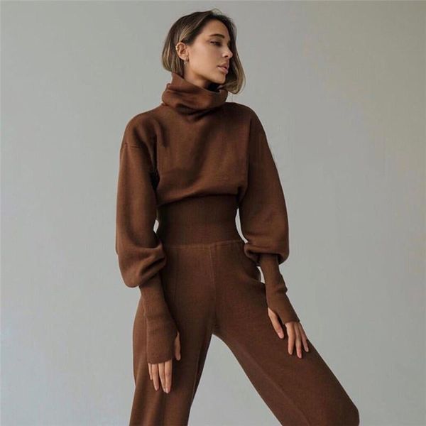 

new fashion two piece set women sweater pullover long sleeve turtleneck high waist knit pants casual sportwear ladies sets, White