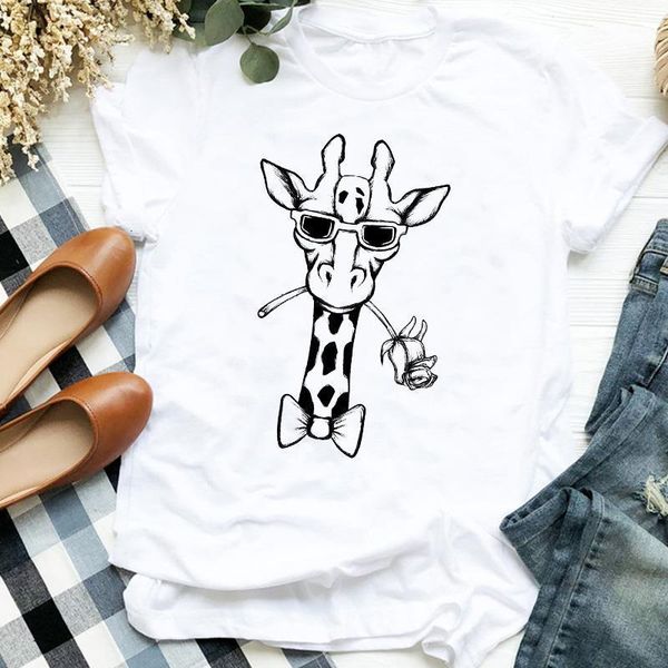 

women lady cartoon giraffe flower love casual style trend cute t tee womens tshirt female shirt clothes graphic t-shirt, White