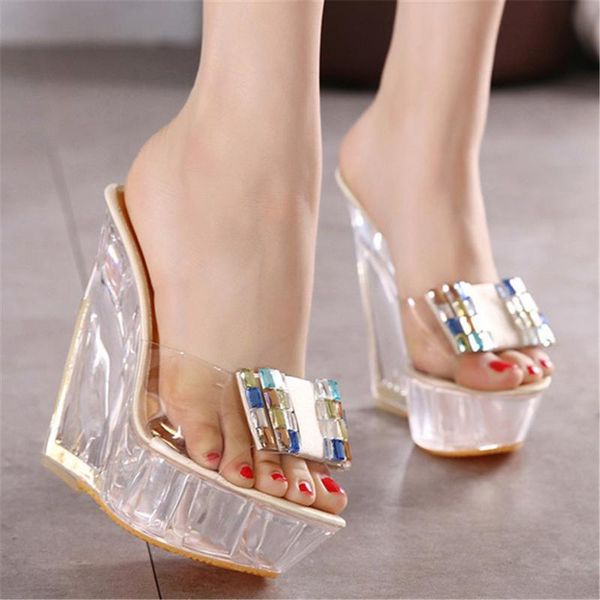

sandals summer high-heeled cool slippers transparent diamonds crystal shoes wedge-heel high heels women nightclub a012, Black