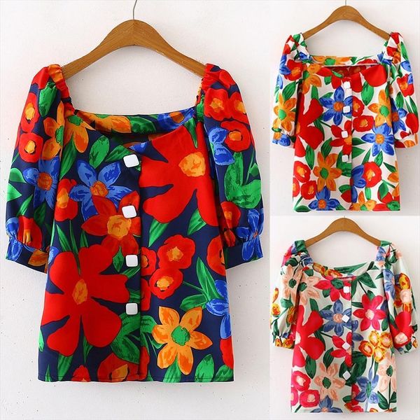 

fashion elegant french womens shirts retro floral printing puff sleeve casual blouse summer square neck short crop, White