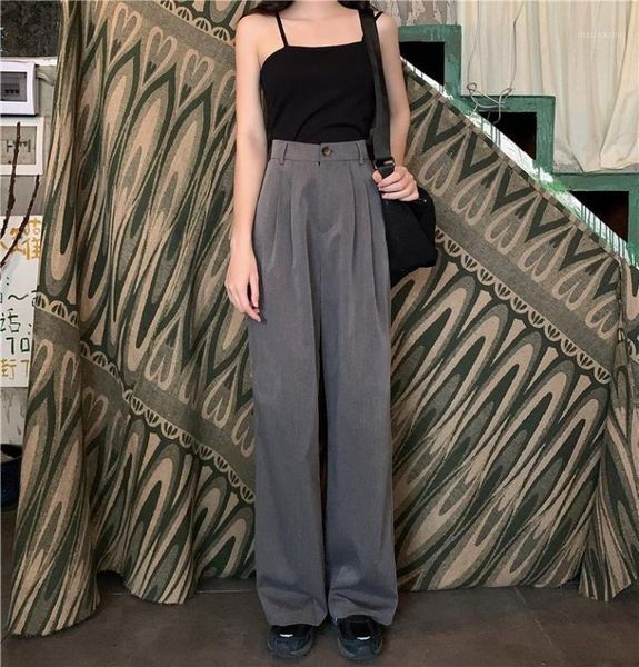 

women's pants & capris wide legged straight loose trousers floor alien kitty autumn women elastic high waist solid, Black;white