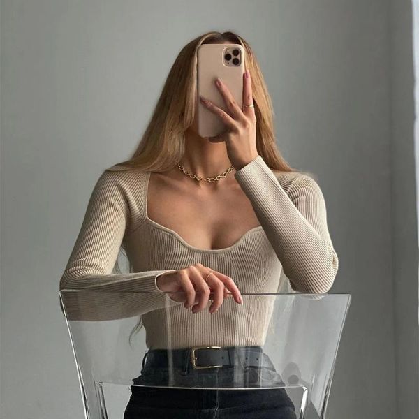 

women's sweaters 2021 women knit sweater long sleeve heart-neck casual fashion woman slim-fit tight knitted pullover, White;black