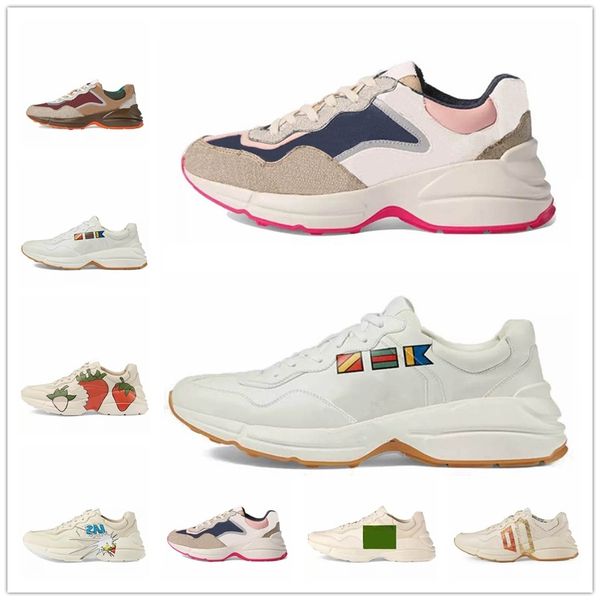 

[with box]rhyton beige mens shoe leather sneakers vintage runner trainers designers womens casual printing old dad shoes 620185 99wf0 4371, Black