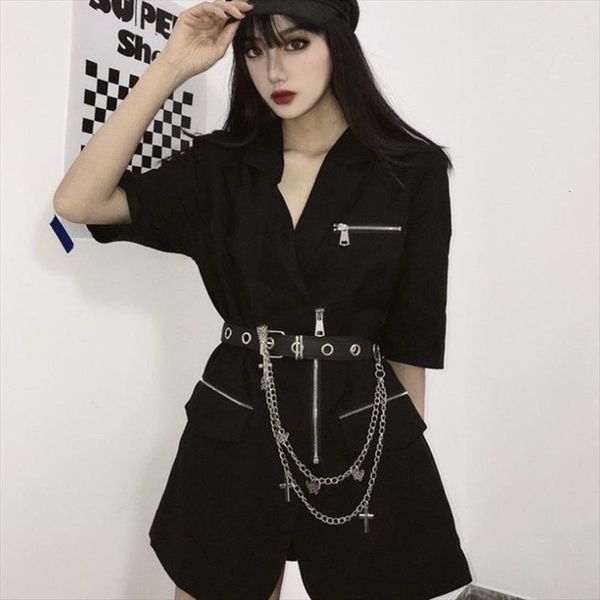 

suit women, summer korean women dress retro dark style loose wild ins design sense of short sleeved little black, Black;gray
