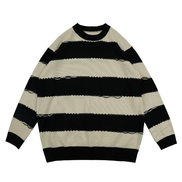 

men's sweaters retro color block striped crew neck pullover mens harajuku japanese spliced high street oversize casual sweater couple, White;black
