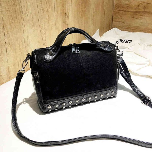 

new arrival nubuck pu leather handbags for women casual female shoulder tote crossbody ladies large rivet messenger bag lj210203