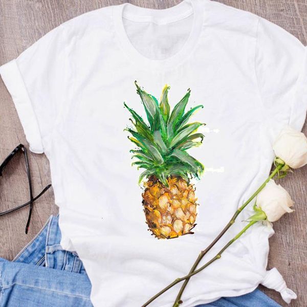 

women graphic fruit pineapple watercolor streetwear 90s clothes lady clothing tees print female t shirt womens t-shirt, White