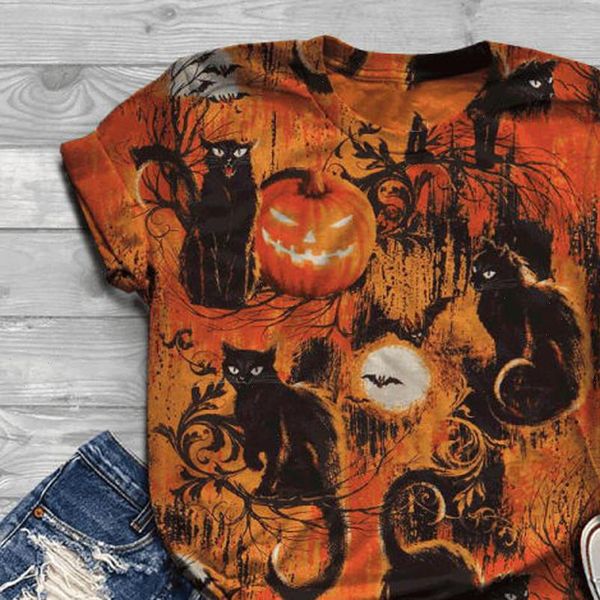 

h40 halloween t shirt women cat print womens t shirt polyester o neck short sleeve harajuku tshirts tee camiseta mujer, White