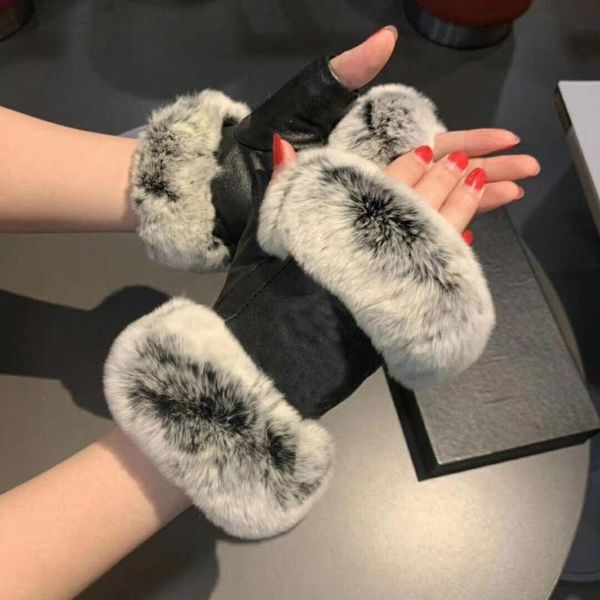 

five fingers gloves fashion ladies girls real rubbit fur lambskin leather open toe winter warm gift, Blue;gray