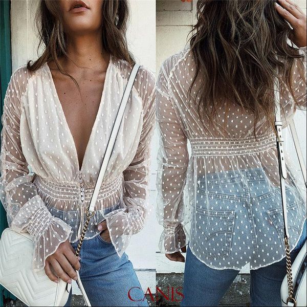 

women puff sleeve polka dot casual loose see through shirt blouse shirt women summer see through blouse shirt, White