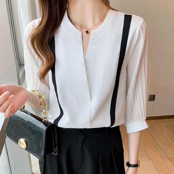 

women's blouses & shirts elegant temperament hit color patchwork casual simple o neck pullovers blusas 2021 fashion tide design women, White