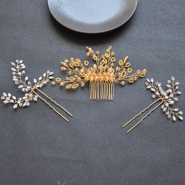 

hair clips & barrettes 3pcs gold color combs handmade women bridal jewelry accessories head ornament rhinestone pins tiara, Golden;silver