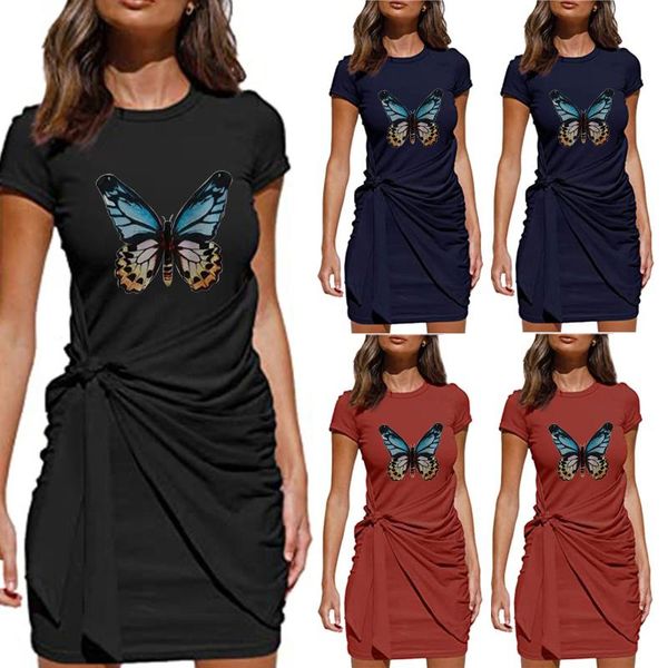 

casual dresses summer ladies short sleeve o-neck fold printed bowknot belted irregular mini dress zomer jurkjes dames 2021 women, Black;gray