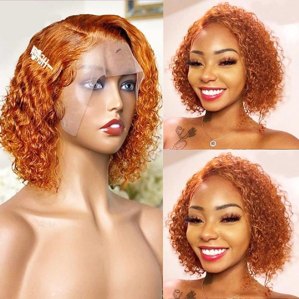 

lace wigs curly ginger orange bob wig 13x4x1 frontal human hair brazilian remy side part for black women, Black;brown