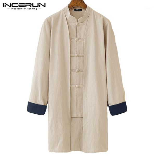 

incerun traditional tang suit men solid long sleeve retro shirt kimono jackets fashion joker buckle cotton mens long blouse1, White;black