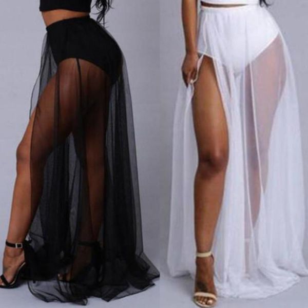

women's swimwear summer beach bikini cover up women sheer mesh see through swim skirt wrap sarong beachwear plain high slit maxi, White;black