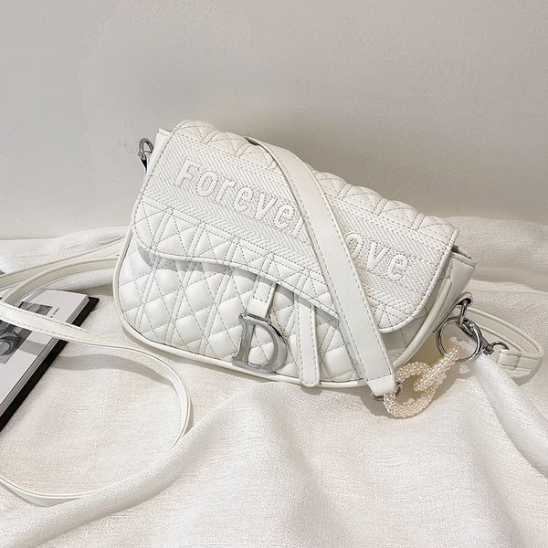 

design s french style rhombic lattice letter embroidered thread female new pearl chain strip single shoulder oblique span saddle bag