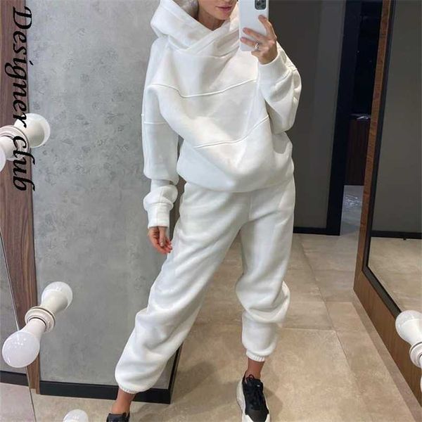 

womens oversized tracksuit warm fleece suits hoodies casual sweatshirts jogging pant outfits sweatpants 211126, White