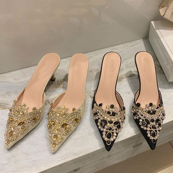 

women slippers crystal string bead mules high heels slippers sandals pointed toe slides slip on party shoes woman pumps mul, Black