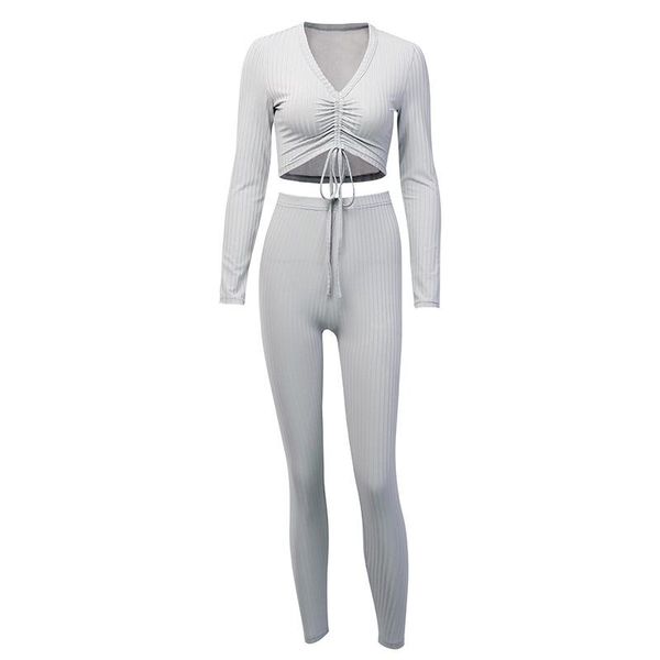 

drawstring pit strip leisure suit europe and the united states new navel exposed big v-neck chest t-shirt pants suit, White