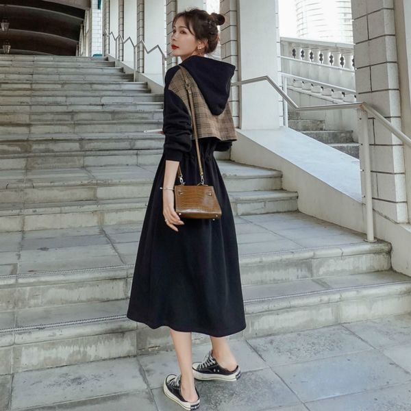 

2021 new feminino causal solto maxi vestido primavera outono manga comprida vestidos com capuz fdpx ogir, Black;gray