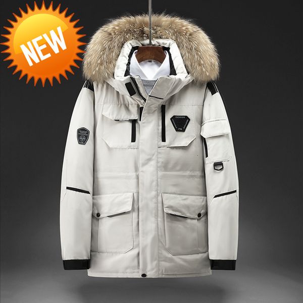 

winter new parkas white duck down jacket men's stand solid color big fur collar warm thick male fashion casual parka coat, Black