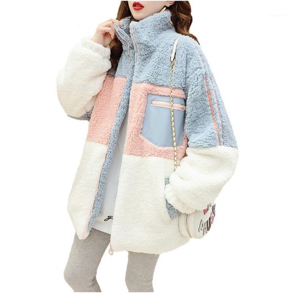 

women's fur & faux lamb furry coats outerwear woman 2021 autumn winter plus size wool coat women color matching velvet thicken jacket, Black
