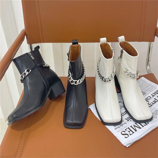 

boots casual women ankle square toe thick heel metal chain women's booties autumn zipper occident style, Black