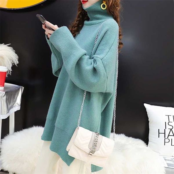 

casual loose autumn winter turtleneck sweater women oversize solid knitted sweaters warm long sleeve pullover sweater black blue 201221, White;black