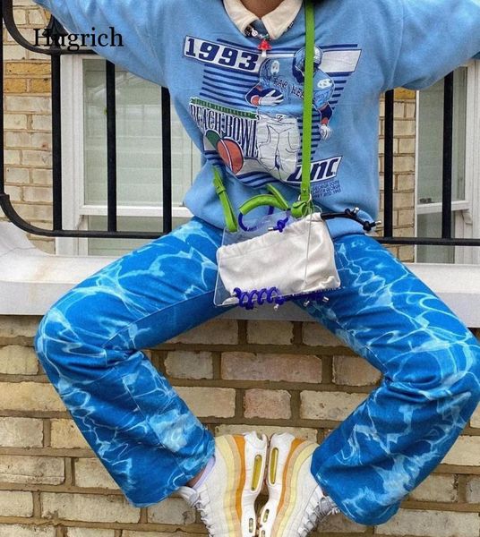 

women's jeans fashion random tie-dye printed green straight pants high waist casual wild fitting denim trousers with pocket, Blue