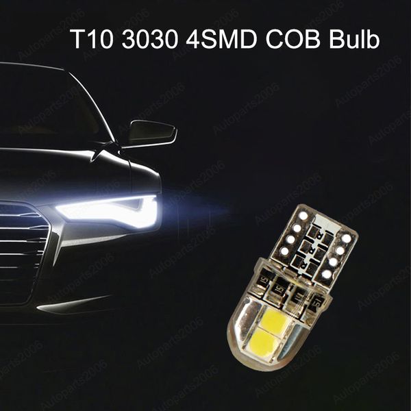 

50pcs/lot led cob car bulbs white t10 w5w silcone 3030 4smd bulb for 168 194 clearance lamps reading license plate lights 12v
